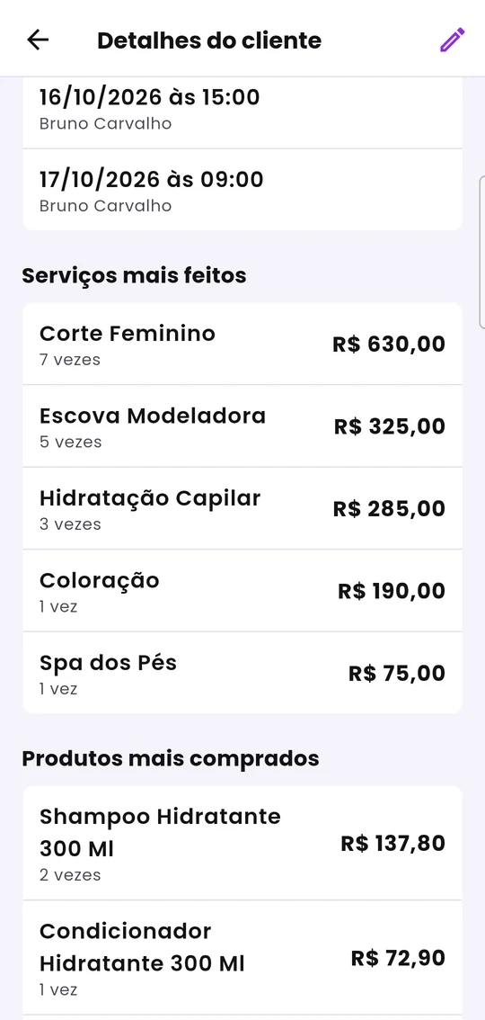 Detalhe do cliente rolado: serviços mais feitos e produtos mais comprados