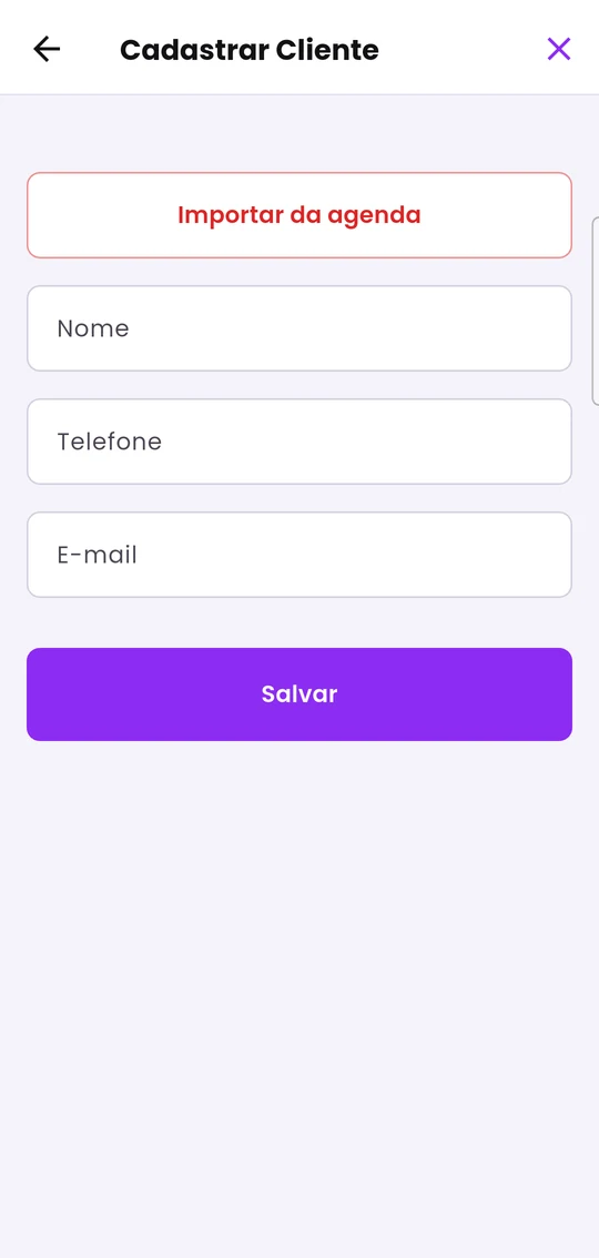 Cadastro de cliente, com o botão Importar da agenda e os campos nome, telefone e e-mail
