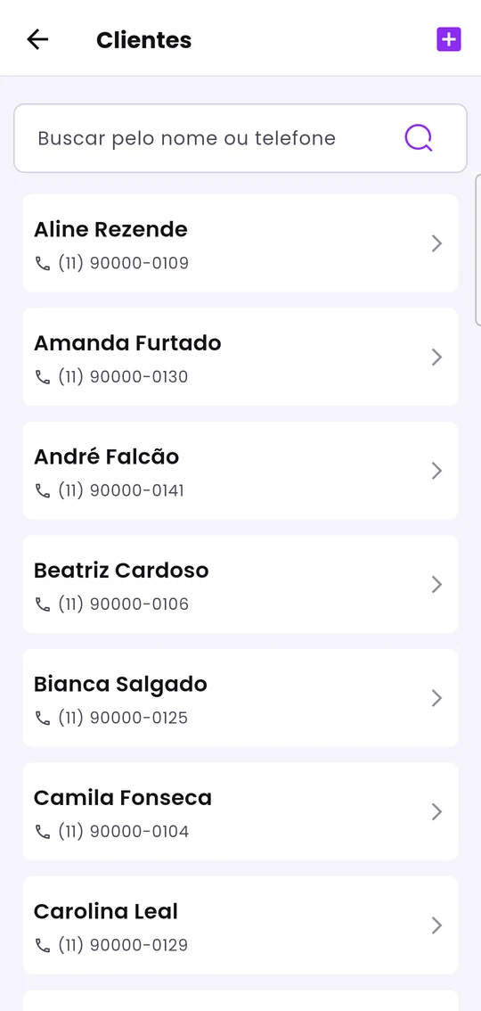Lista de clientes com busca por nome ou telefone