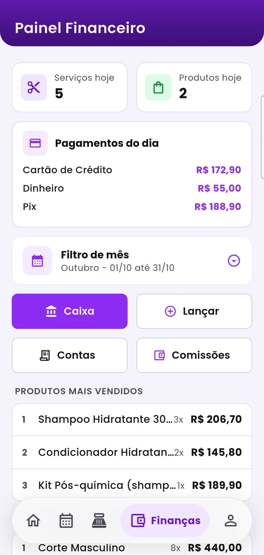 Painel Financeiro do colaborador, com os números e os pagamentos do dia