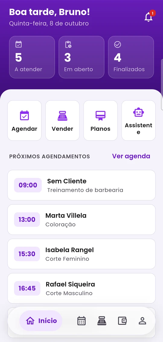 Tela inicial do colaborador, com os números do dia dele e os atalhos Agendar, Vender, Planos e Assistente