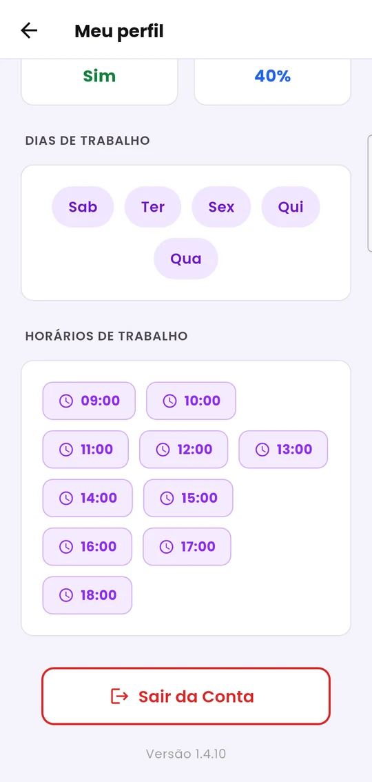 Fim do Meu perfil: horários de trabalho e o botão Sair da Conta