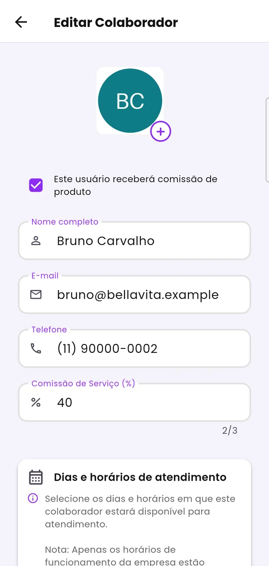 Edição de colaborador: foto, comissão de produto, nome, e-mail, telefone e comissão de serviço