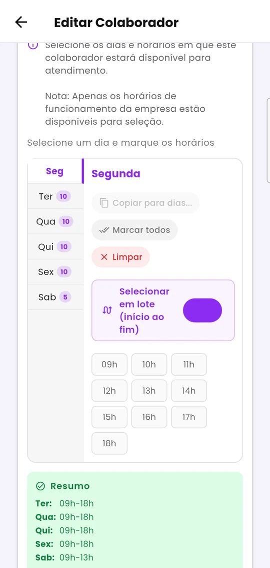 Dias e horários de atendimento do colaborador, com o resumo da semana