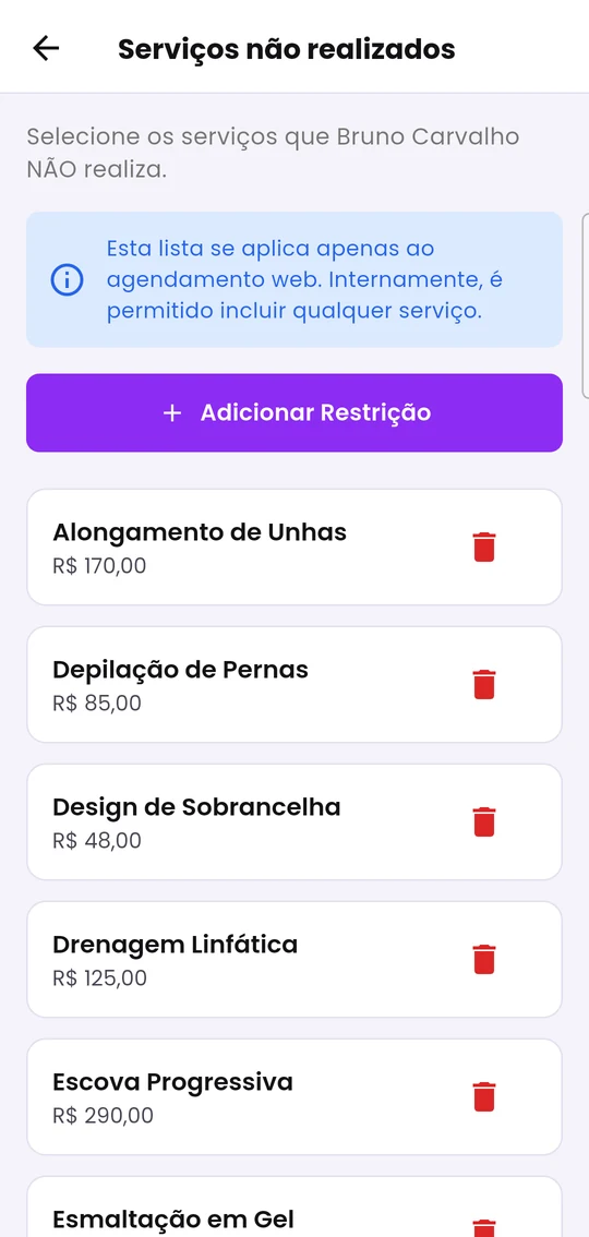 Tela Serviços não realizados de um colaborador, com o botão Adicionar Restrição