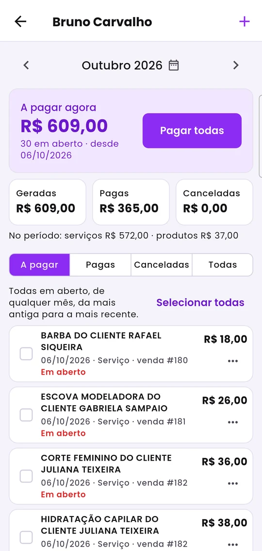 Comissões de um colaborador, com Pagar todas e a lista para selecionar