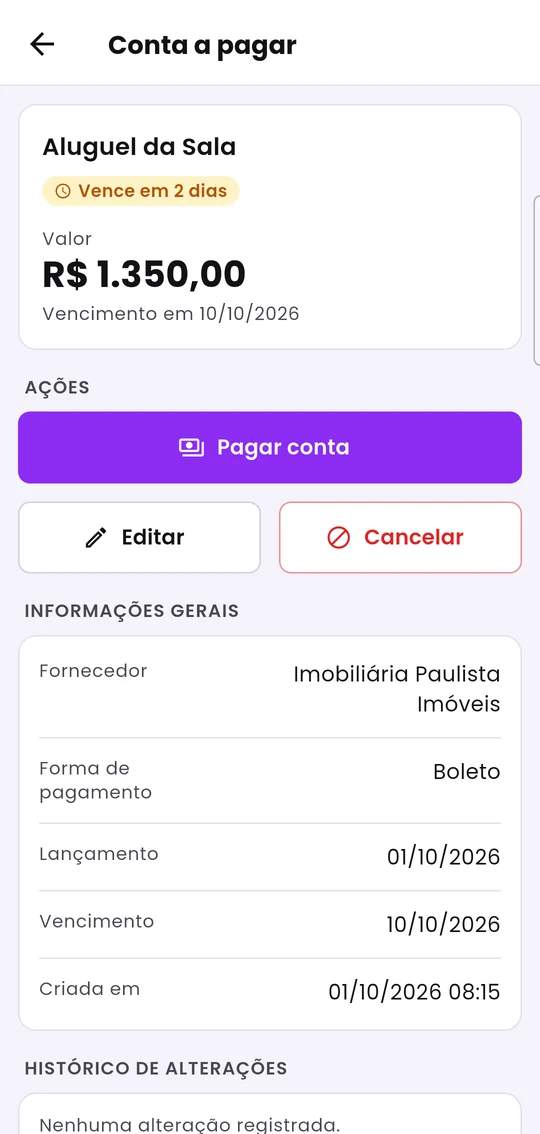 Detalhe de uma conta, com Pagar conta, Editar e Cancelar
