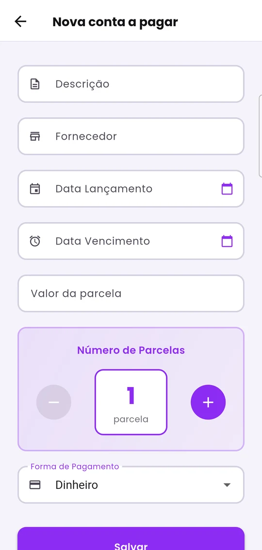 Cadastro de uma nova conta a pagar, com o seletor de número de parcelas