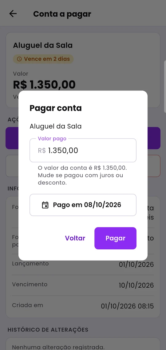 Janela Pagar conta, com o valor pago e a data do pagamento