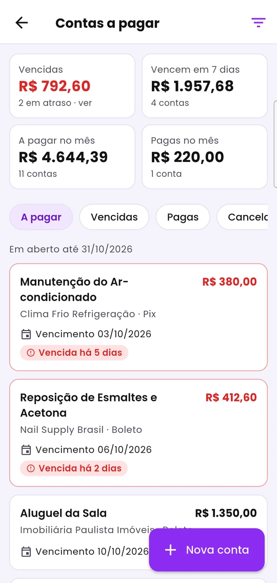 Contas a pagar, com os totais do topo e as contas vencidas em destaque