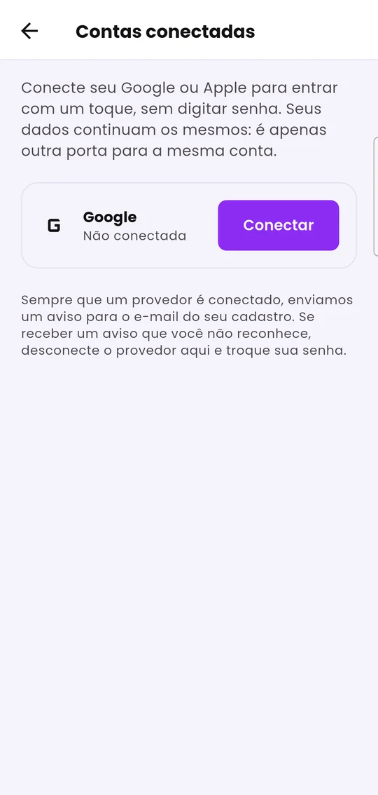 Tela Contas conectadas, com o Google ainda não conectado e o botão Conectar