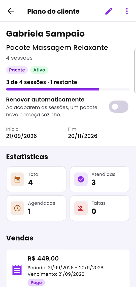 Plano do cliente: sessões usadas, renovação automática, datas e estatísticas