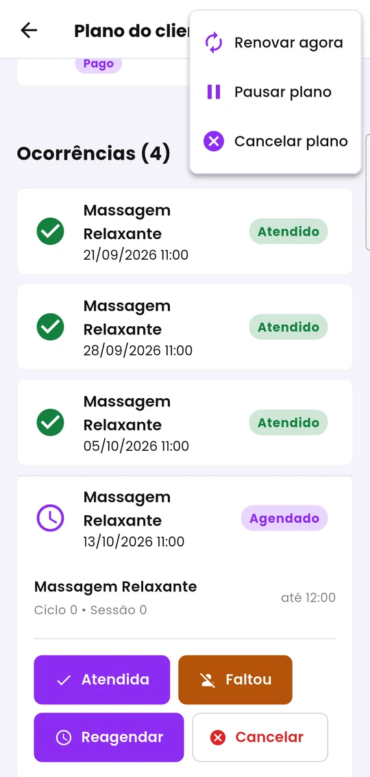 Sessões do plano com os botões Atendida, Faltou, Reagendar e Cancelar, e o menu de ações do plano