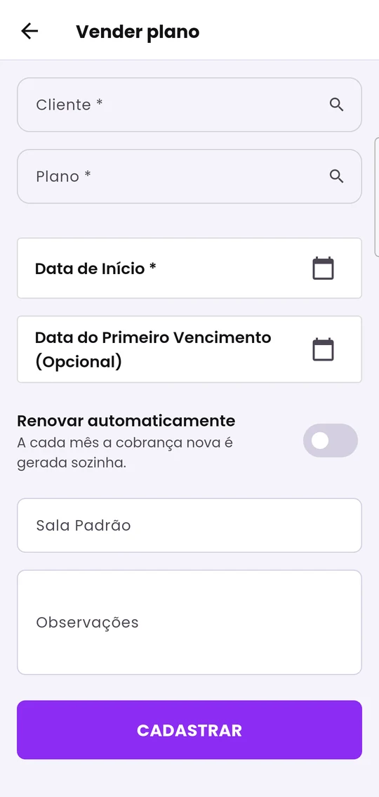 Tela Vender plano, com cliente, plano, datas e renovação automática