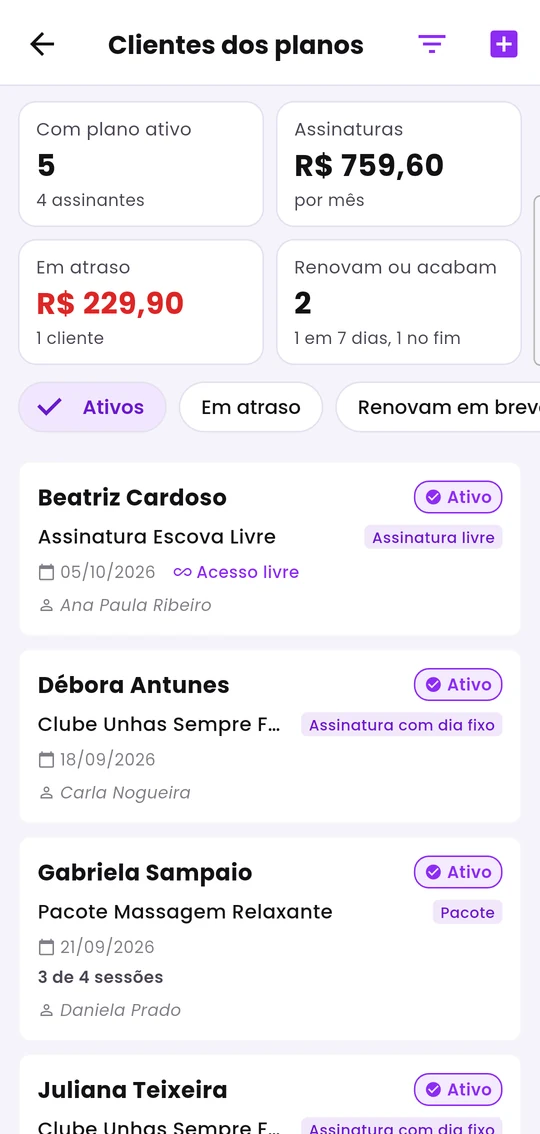 Clientes dos planos: totais no topo, situações e a lista de contratos