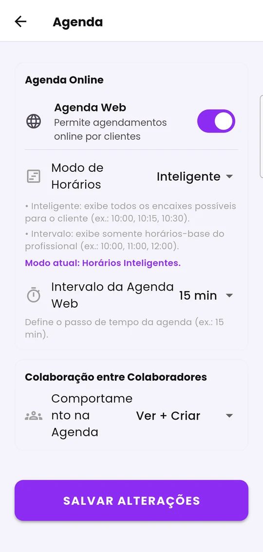 Edição da Agenda: agenda web, modo de horários, intervalo e colaboração entre colaboradores