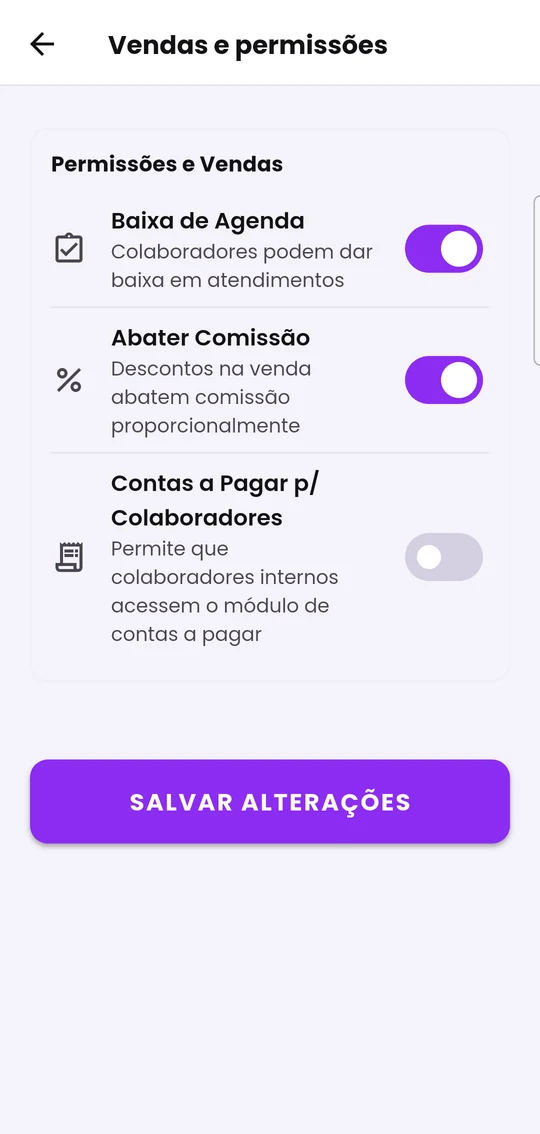 Edição de Vendas e permissões: baixa de agenda, abater comissão e contas a pagar