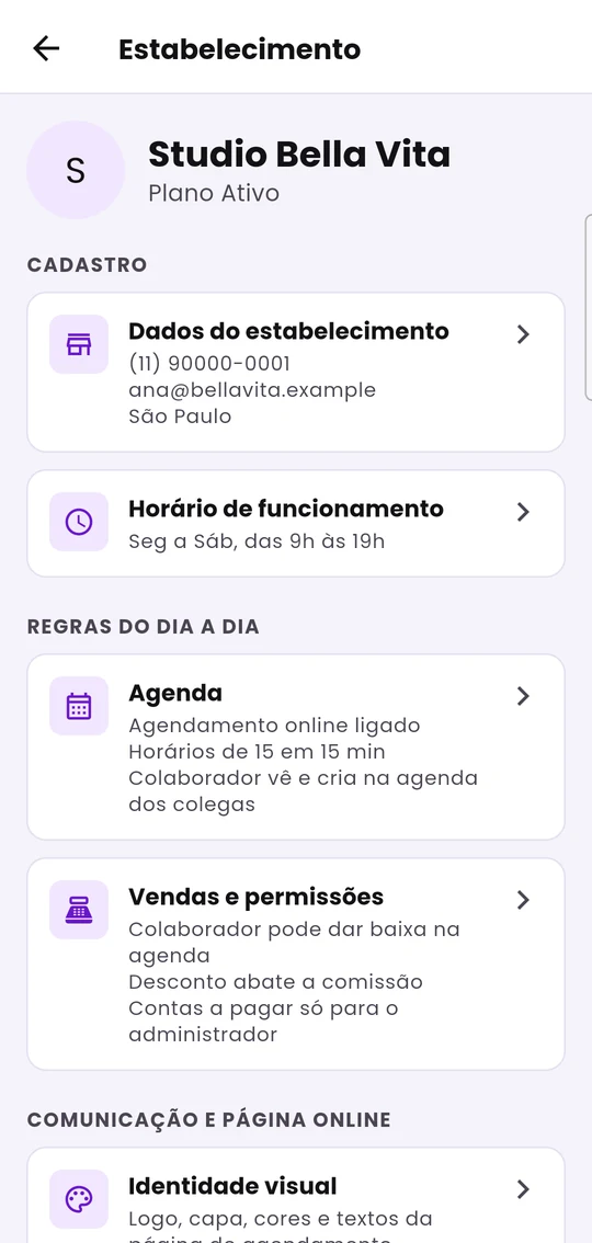 Tela Estabelecimento, com os cartões de cadastro e de regras do dia a dia
