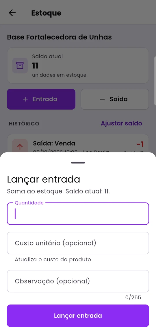 Painel Lançar entrada, com quantidade, custo unitário e observação