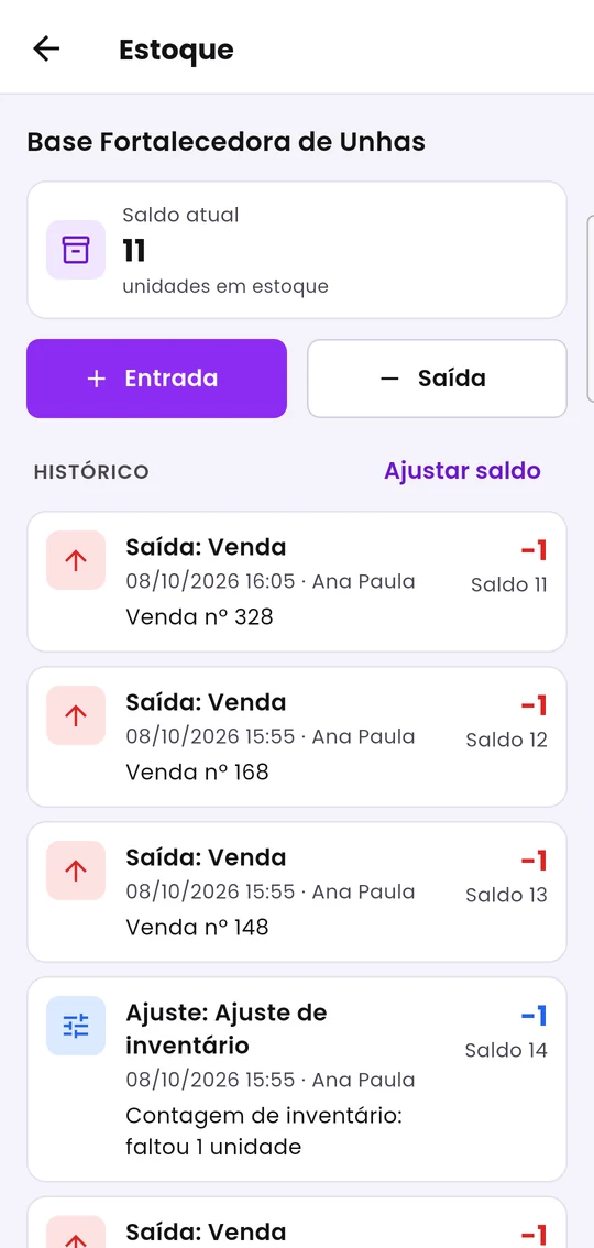 Tela Estoque de um produto, com saldo atual, Entrada, Saída e o histórico