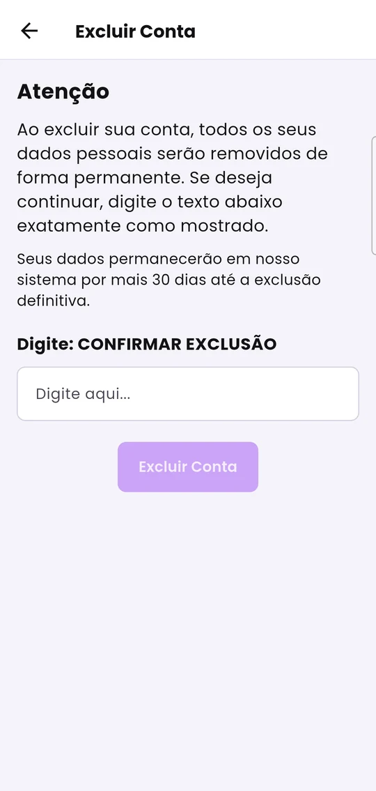 Tela Excluir Conta, com o aviso e o campo para digitar a confirmação