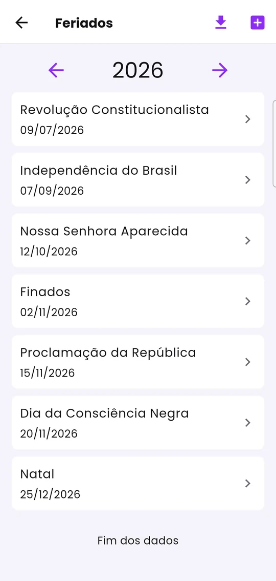Lista de feriados do ano, com as setas para trocar de ano e os botões de importar e adicionar