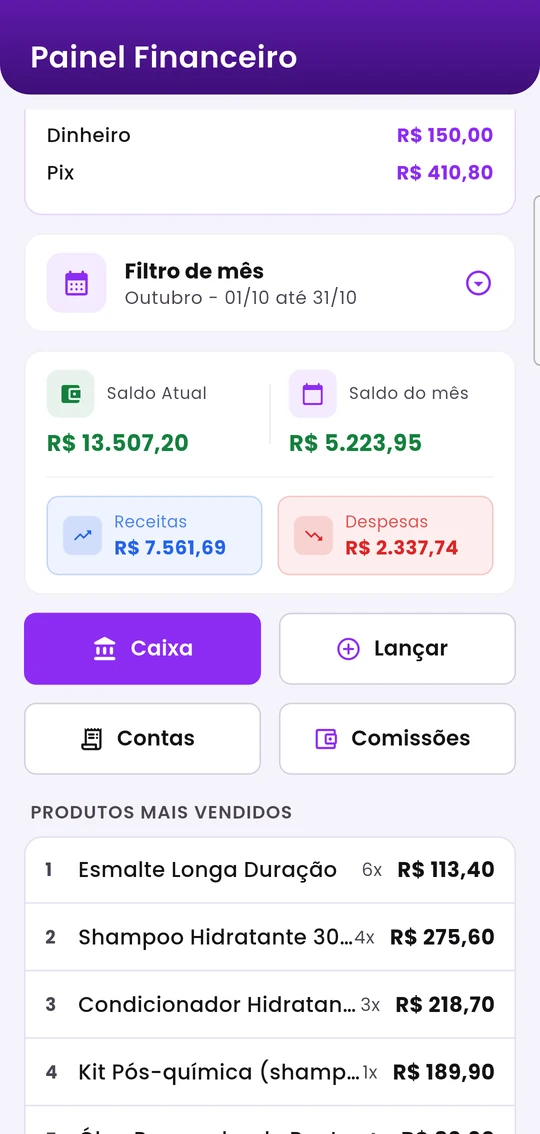 Painel Financeiro rolado: receitas, despesas e os botões Caixa, Lançar, Contas e Comissões