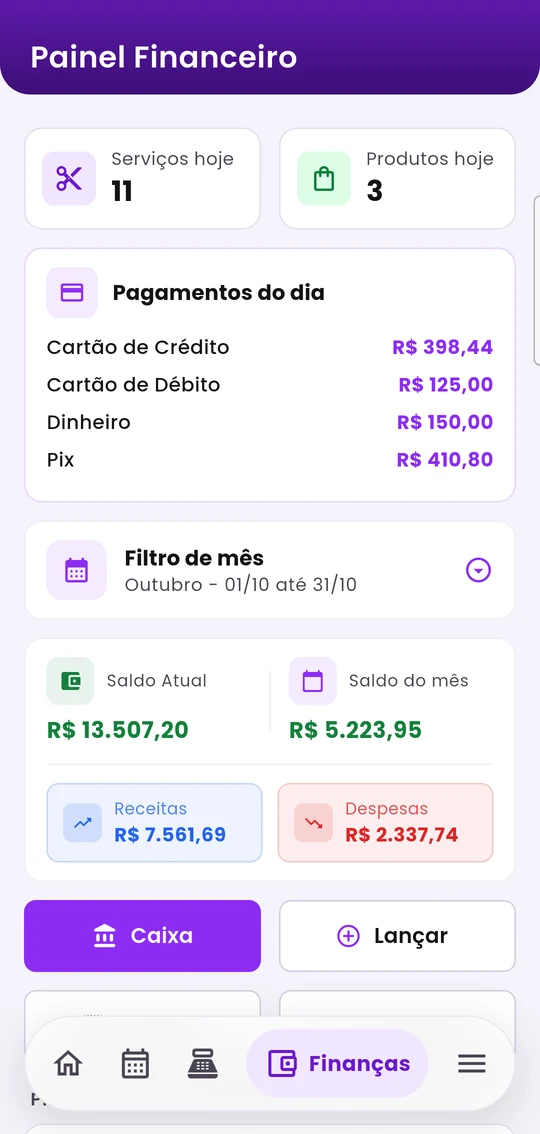Painel Financeiro: serviços e produtos de hoje, pagamentos do dia e saldos