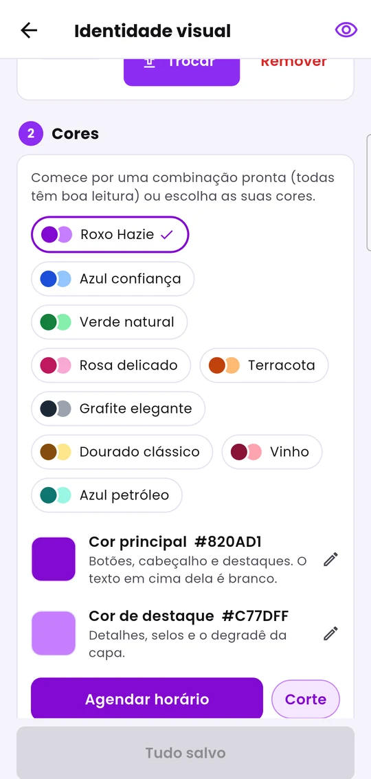 Escolha das cores: combinações prontas, cor principal e cor de destaque
