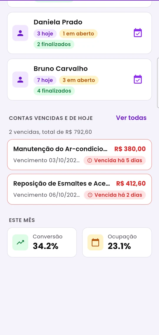 Fim da tela inicial: contas vencidas e os indicadores do mês