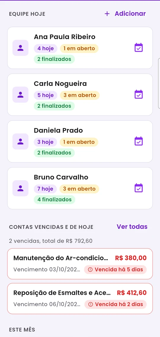 Tela inicial rolada: equipe de hoje e contas vencidas