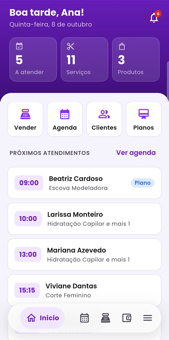 Tela inicial do dono, com os três números do dia, os atalhos e os próximos atendimentos