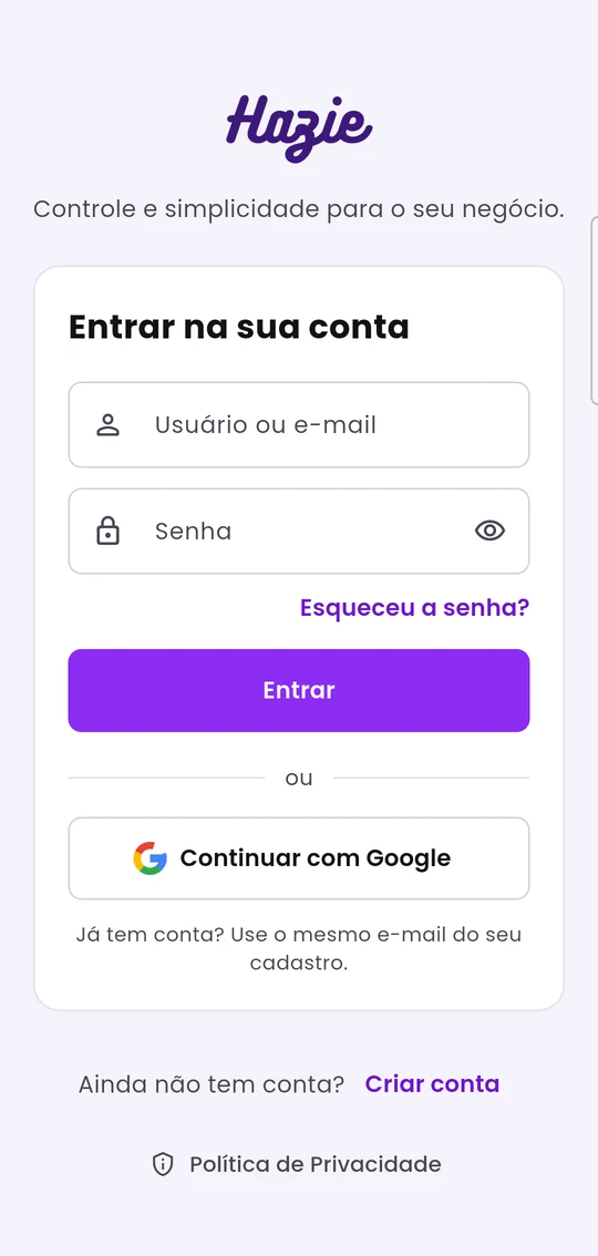 Tela de entrada do aplicativo, com usuário, senha e o botão Continuar com Google