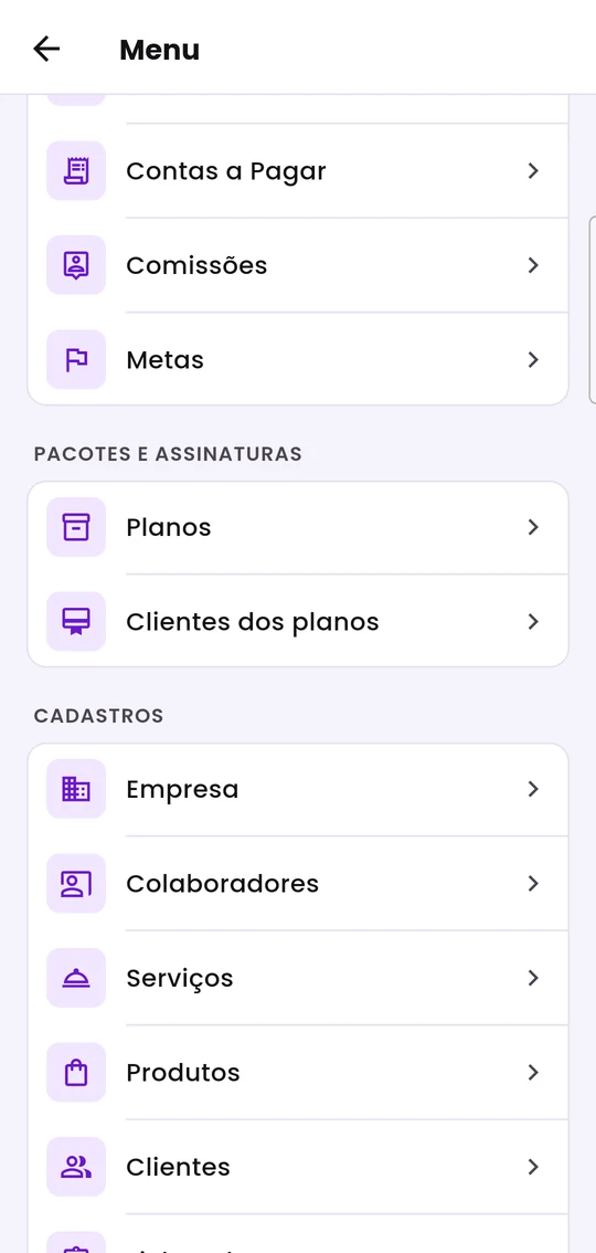 Menu do aplicativo nos blocos Pacotes e assinaturas e Cadastros