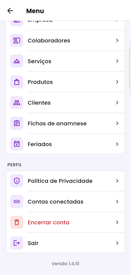 Fim do menu: bloco Perfil, com Política de Privacidade, Contas conectadas, Encerrar conta e Sair