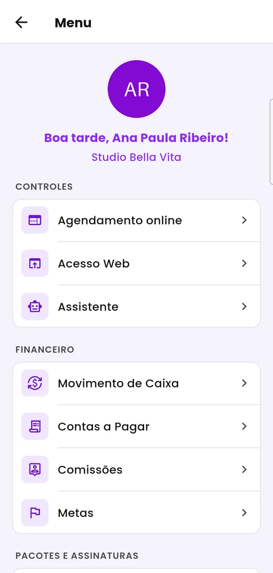 Menu do aplicativo: saudação, nome do estabelecimento e os blocos Controles e Financeiro