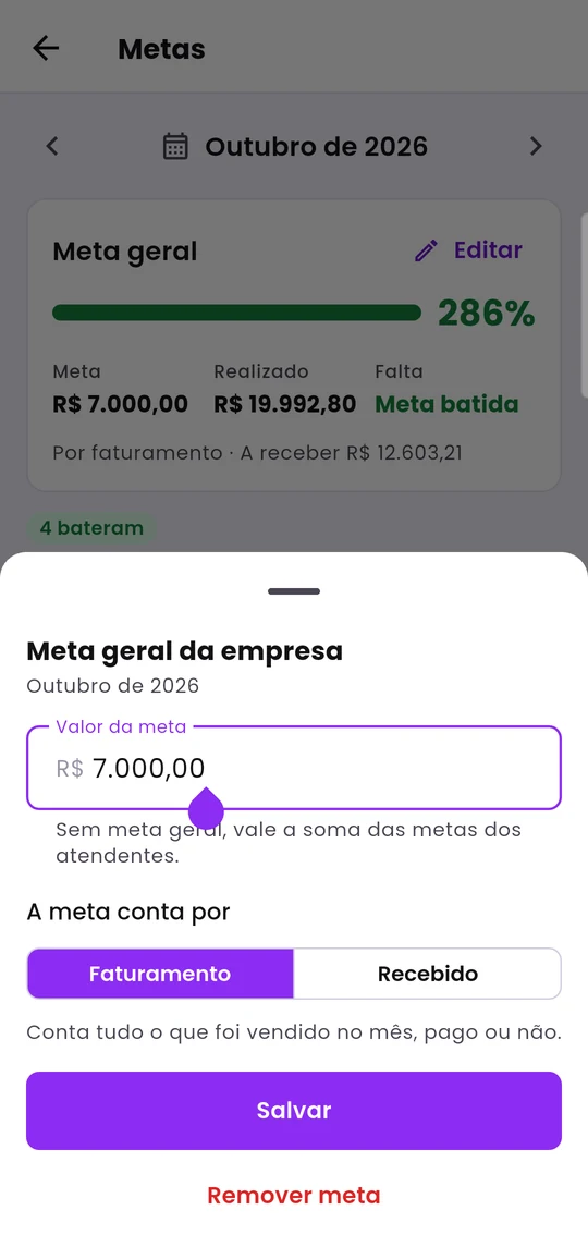 Painel para definir a meta geral, escolhendo entre faturamento e recebido