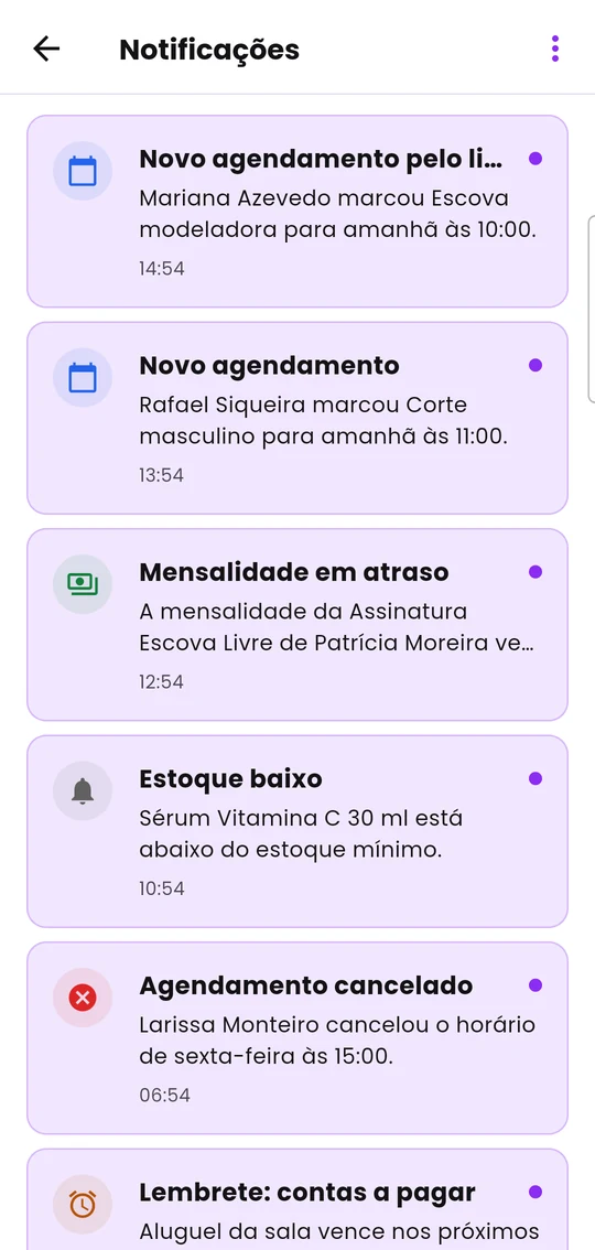 Lista de notificações, com agendamentos novos, mensalidade em atraso e estoque baixo