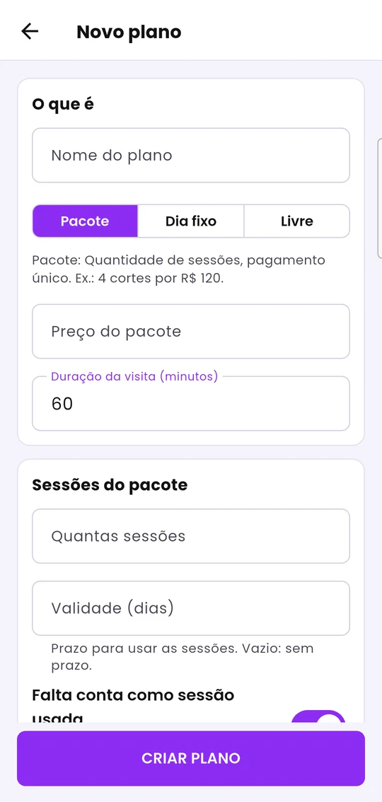 Cadastro de um novo plano, com a escolha entre Pacote, Dia fixo e Livre