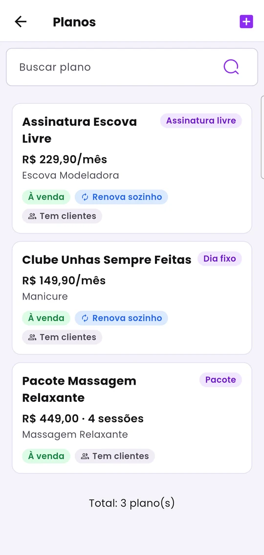Lista de planos, com o tipo de cada um e os selos À venda, Renova sozinho e Tem clientes