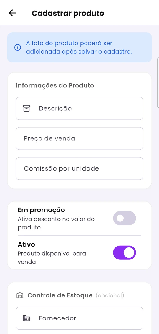 Cadastro de produto: descrição, preço de venda, comissão, promoção, ativo e controle de estoque