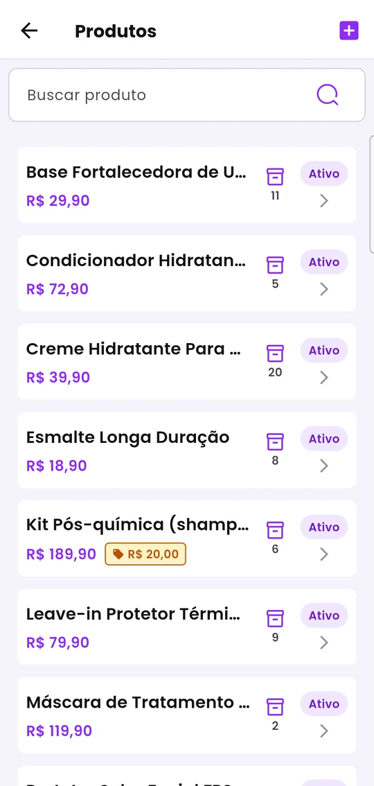 Lista de produtos com preço, quantidade em estoque e o selo Ativo