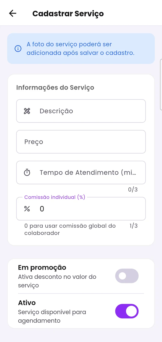 Cadastro de serviço: descrição, preço, tempo, comissão, promoção e ativo