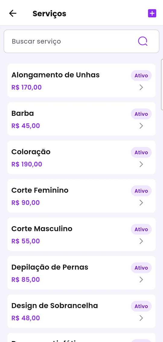 Lista de serviços com preço e o selo Ativo