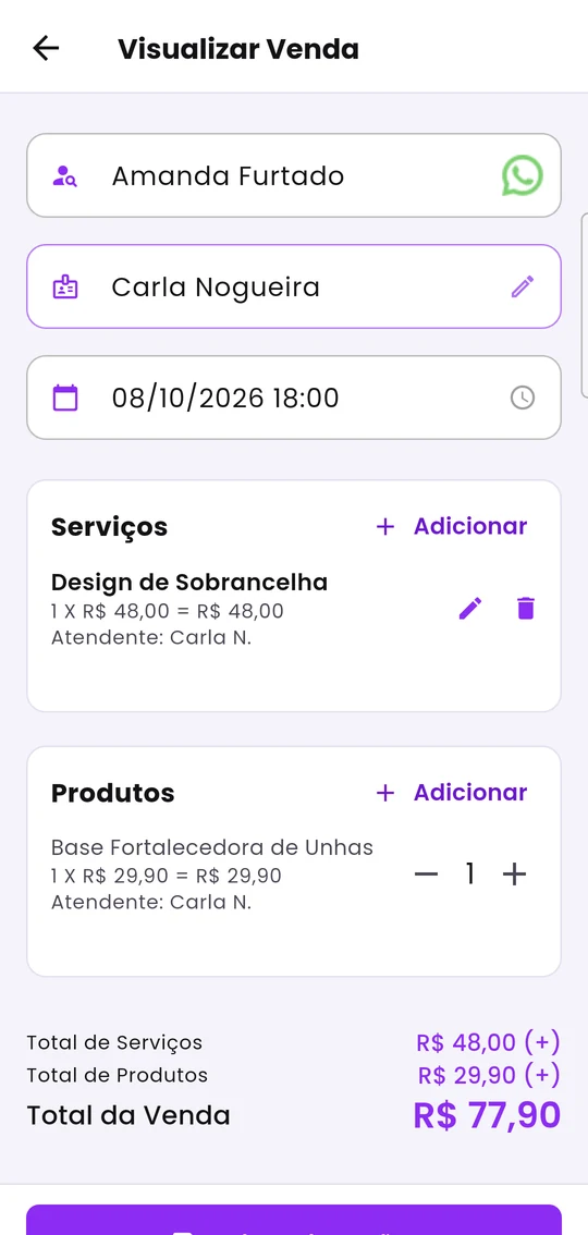Venda com um serviço e um produto, e os totais embaixo
