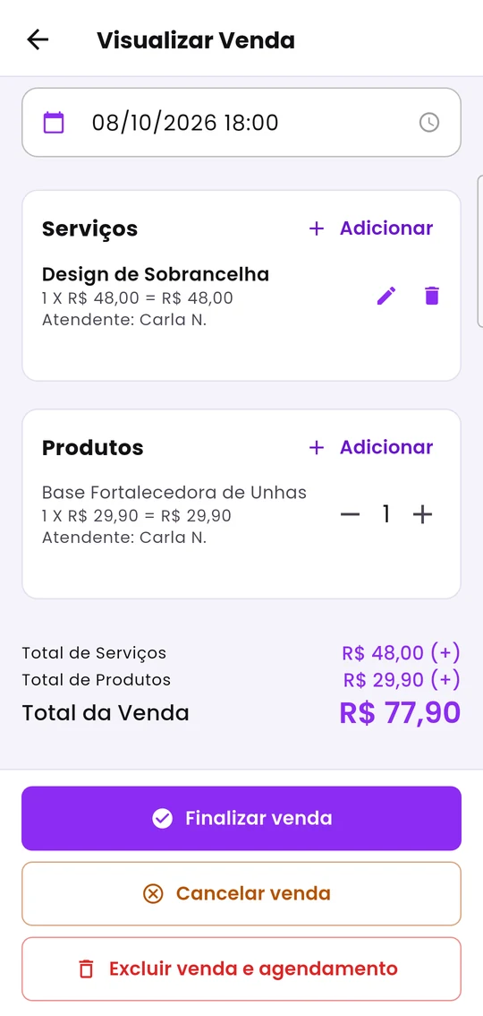 Venda salva, com Finalizar venda, Cancelar venda e Excluir venda e agendamento