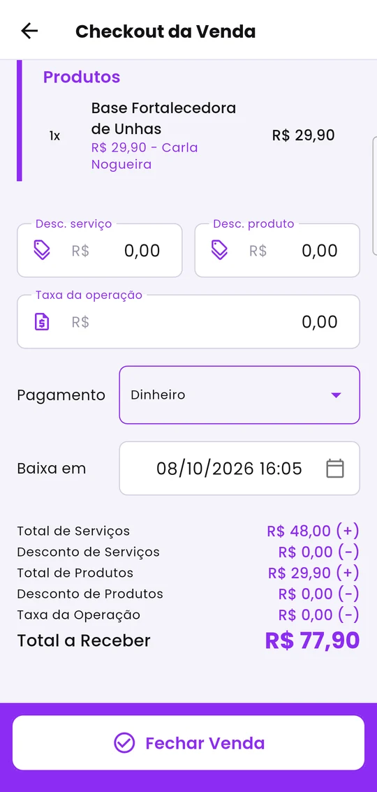 Parte de baixo do checkout: descontos, taxa, forma de pagamento, data da baixa e total a receber