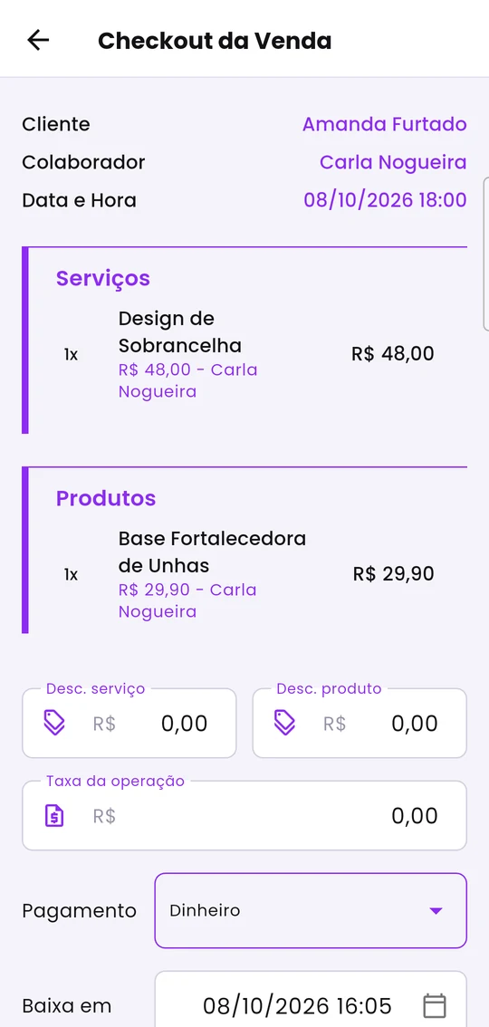Checkout da venda, com os serviços e produtos conferidos