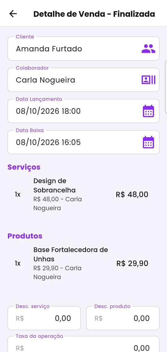 Detalhe de uma venda finalizada, com datas de lançamento e de baixa e os itens vendidos