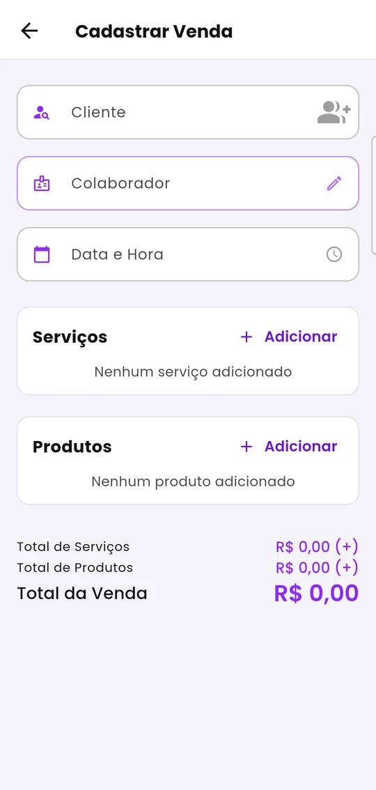 Tela Cadastrar Venda vazia, com cliente, colaborador, data, serviços e produtos